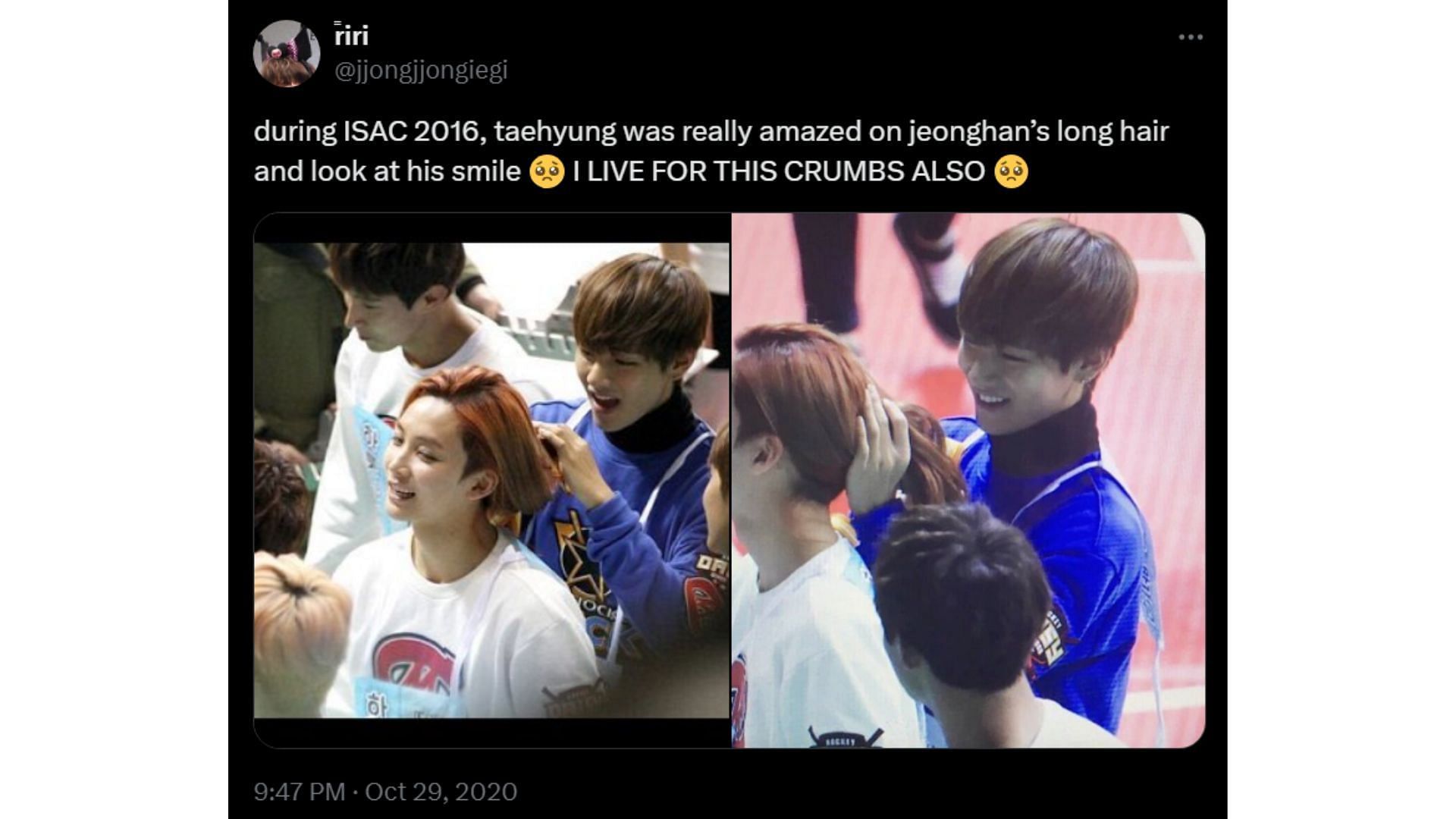 BTS' V was seen tying up SEVENTEEN's Jeonghan's long hair at ISAC. (Image via X/ @jjongjjongiegi)